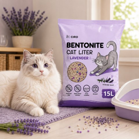 ŻWIREK BENTONITOWY LAWENDOWY DLA KOTA 15L ZBRYLAJĄCY NATURALNY BEZPYŁOWY