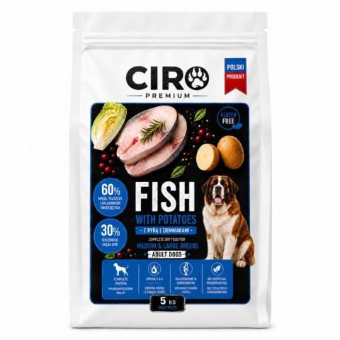 KARMA SUCHA DLA PSA RYBA Z ZIEMNIAKAMI WSZYSTKIE DOROSŁE RASY CIRO 5KG
