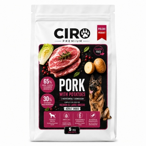 KARMA SUCHA DLA PSA WIEPRZOWINA Z ZIEMNIAKAMI DUŻE RASY ADULT CIRO 5KG
