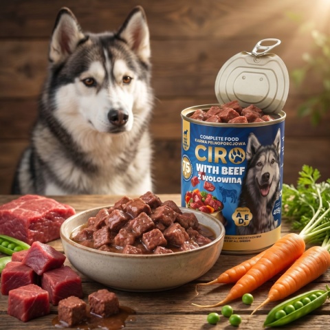 Karma Mokra Dla Psa MIĘSNE KAWAŁKI W SOSIE 12x1250G Puszka 75% Z WOŁOWINA
